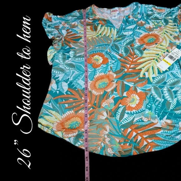 NWT RUBY RD Tropical Floral Short Sleeve Blouse Flutter Sleeve Split Neck Top - Picture 9 of 12